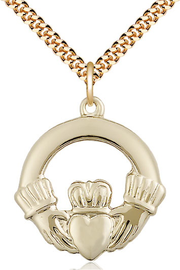 14kt Gold Filled Claggagh Pendant on a 24 inch Gold Plate Heavy Curb chain