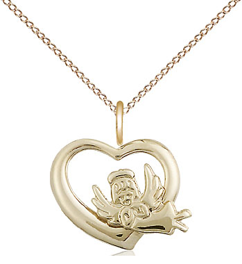 14kt Gold Filled Heart Guardian Angel Pendant on a 18 inch Gold Filled Light Curb chain