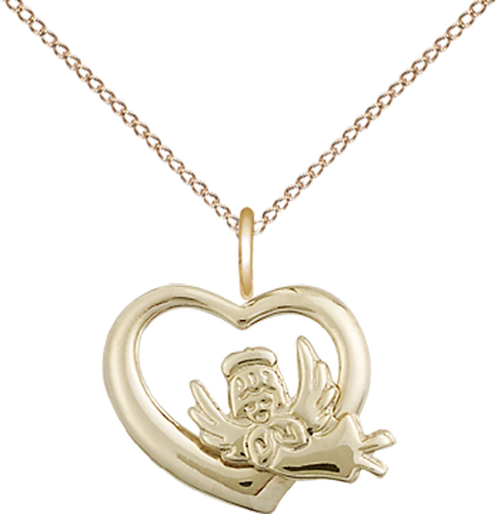 14kt Gold Filled Heart Guardian Angel Pendant on a 18 inch Gold Filled Light Curb chain