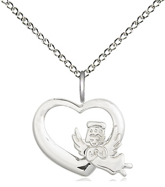 Sterling Silver Heart Guardian Angel Pendant on a 18 inch Sterling Silver Light Curb chain