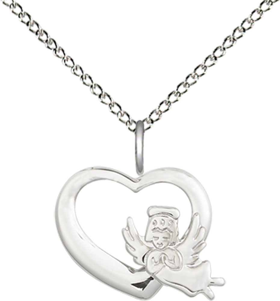 Sterling Silver Heart Guardian Angel Pendant on a 18 inch Sterling Silver Light Curb chain