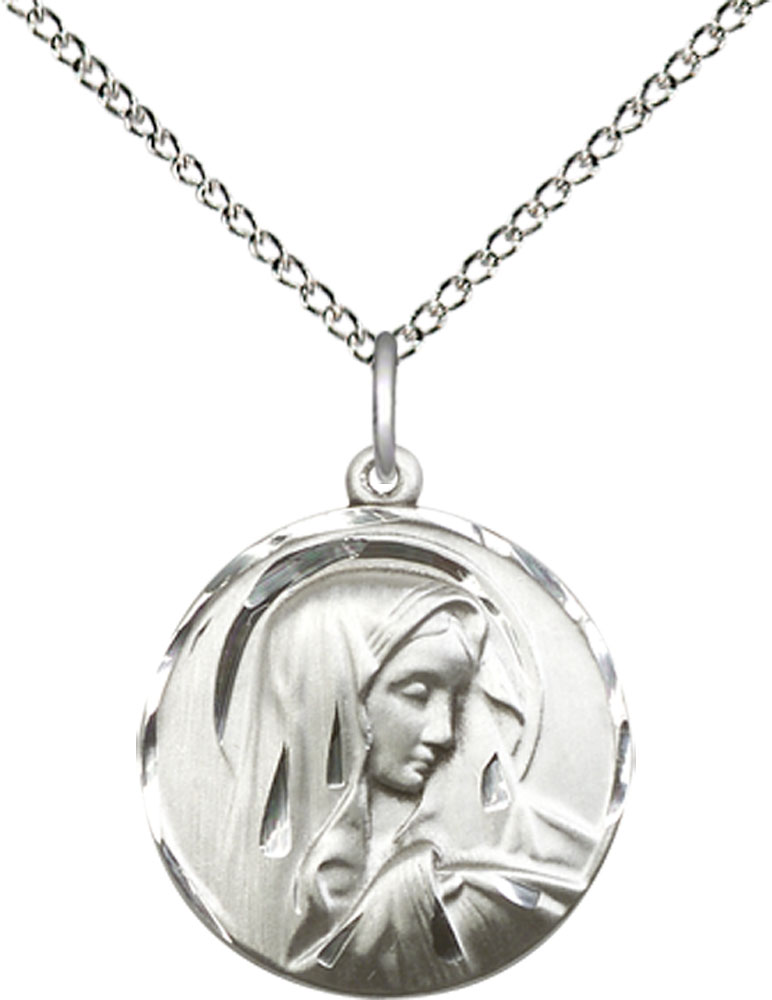 Sterling Silver Sorrowful Mother Pendant on a 18 inch Sterling Silver Light Curb chain