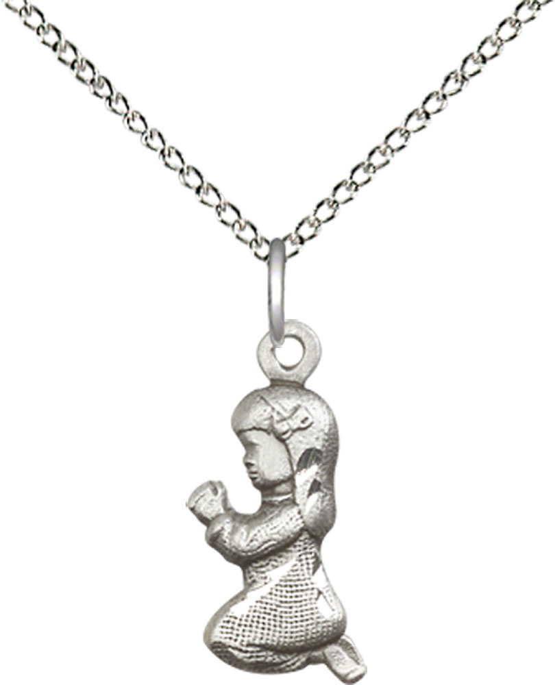 Sterling Silver Praying Girl Pendant on a 18 inch Sterling Silver Light Curb chain