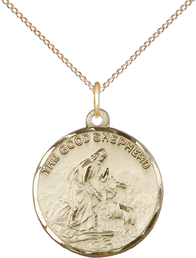 14kt Gold Filled Good Shepherd Pendant on a 18 inch Gold Filled Light Curb chain