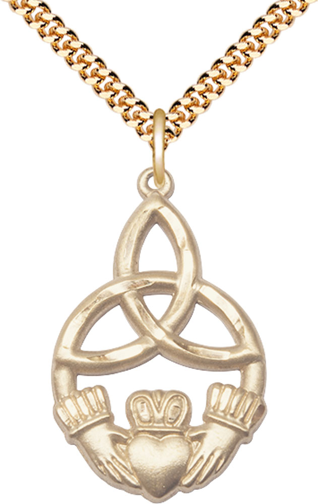 14kt Gold Filled Irish Knot Claddagh Pendant on a 24 inch Gold Plate Heavy Curb chain