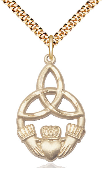 14kt Gold Filled Irish Knot Claddagh Pendant on a 24 inch Gold Plate Heavy Curb chain