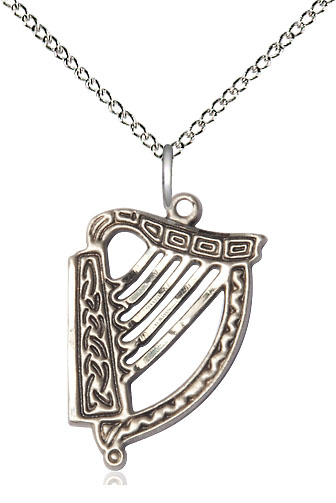 Sterling Silver Irish Harp Pendant on a 18 inch Sterling Silver Light Curb chain