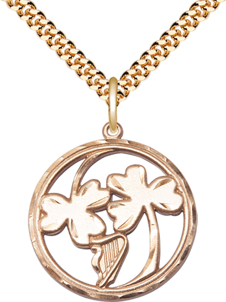 14kt Gold Filled Irish Shamrock Harp Pendant on a 24 inch Gold Plate Heavy Curb chain