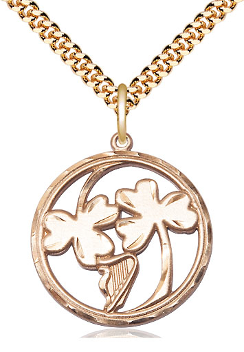 14kt Gold Filled Irish Shamrock Harp Pendant on a 24 inch Gold Plate Heavy Curb chain
