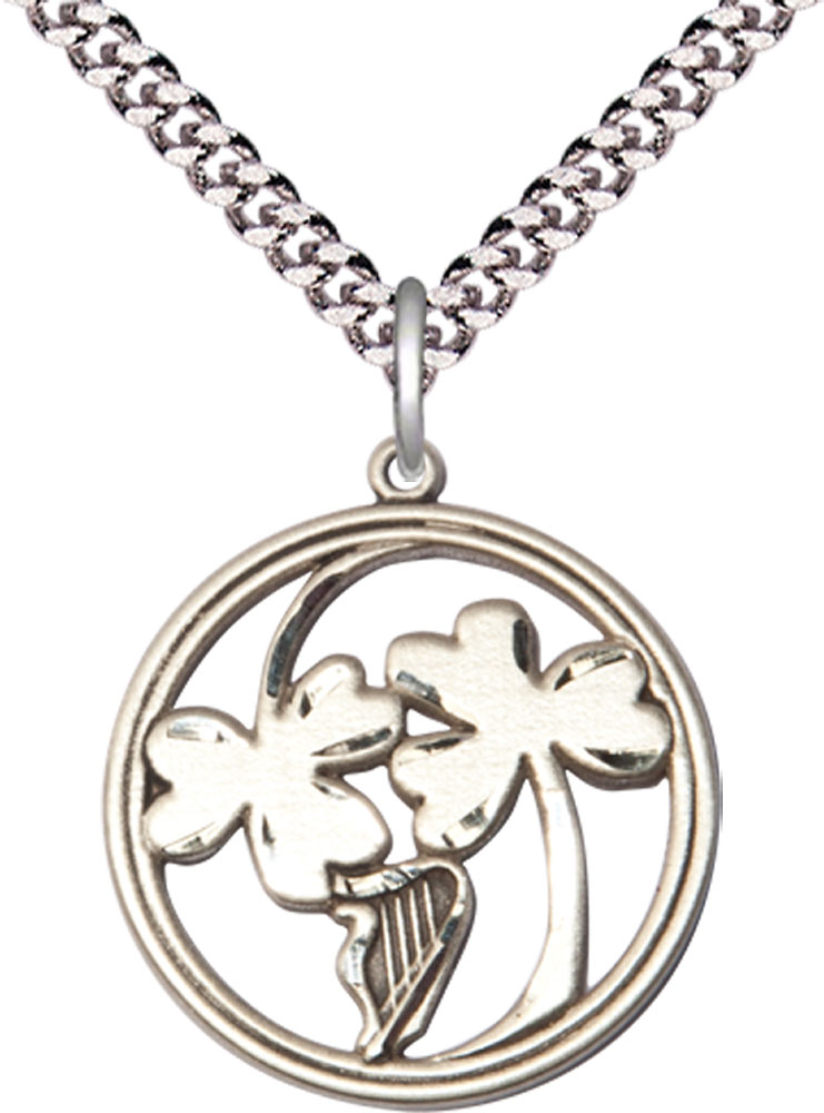 Sterling Silver Irish Shamrock Harp Pendant on a 24 inch Light Rhodium Heavy Curb chain