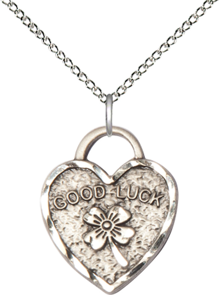 Sterling Silver Good Luck Shamrock Heart Pendant on a 18 inch Sterling Silver Light Curb chain