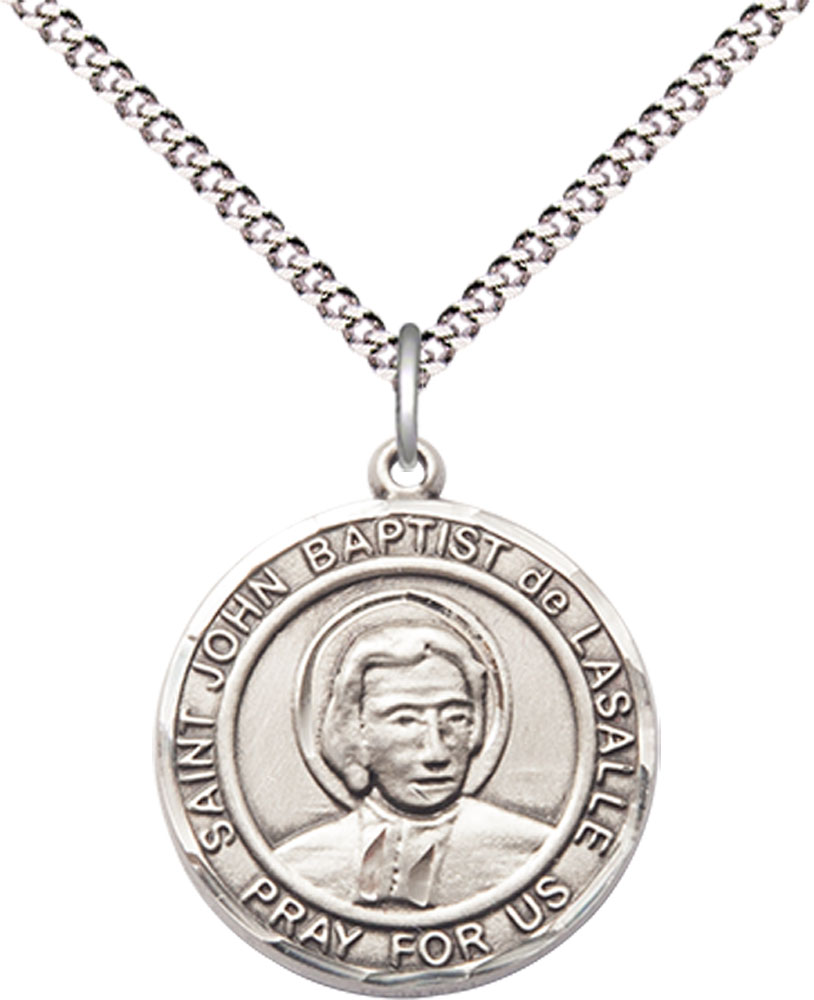 Sterling Silver Saint John Baptist de la Salle Pendant on a 18 inch Light Rhodium Light Curb chain