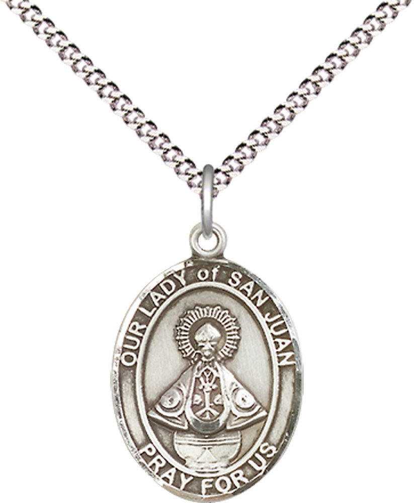 Sterling Silver Our Lady of San Juan Pendant on a 18 inch Light Rhodium Light Curb chain