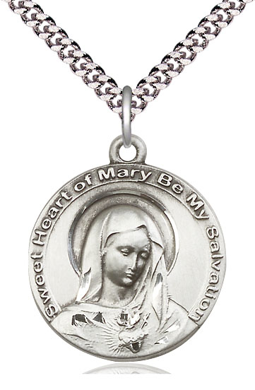 Sterling Silver Mary Pendant on a 24 inch Light Rhodium Heavy Curb chain