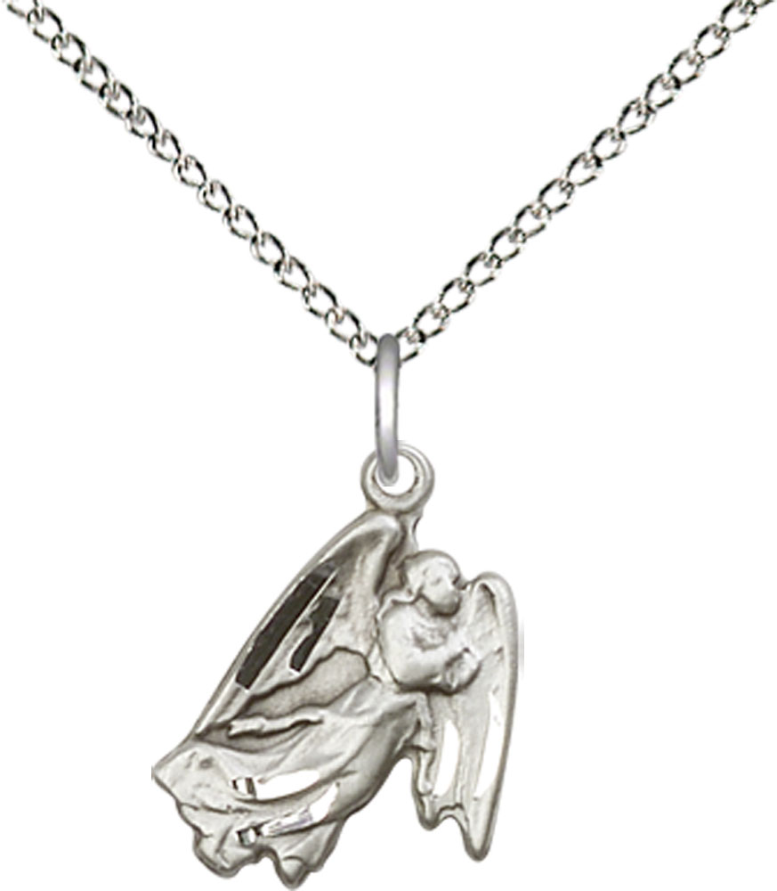 Sterling Silver Guardian Angel Pendant on a 18 inch Sterling Silver Light Curb chain