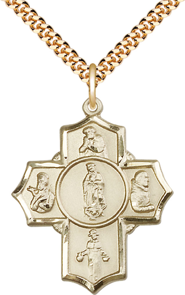 14kt Gold Filled Guadalupe Diego Pio Xav Nino Pendant on a 24 inch Gold Plate Heavy Curb chain