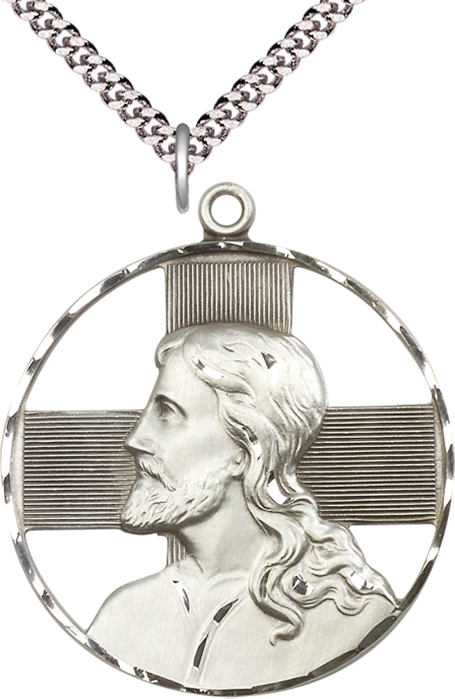 Sterling Silver Christ Profile Pendant on a 24 inch Light Rhodium Heavy Curb chain