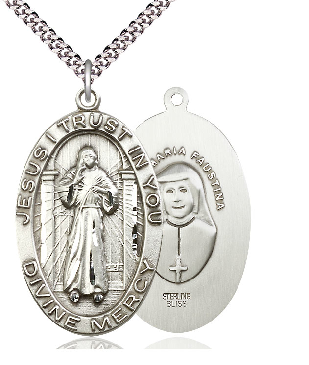 Sterling Silver Divine Mercy Pendant on a 24 inch Light Rhodium Heavy Curb chain