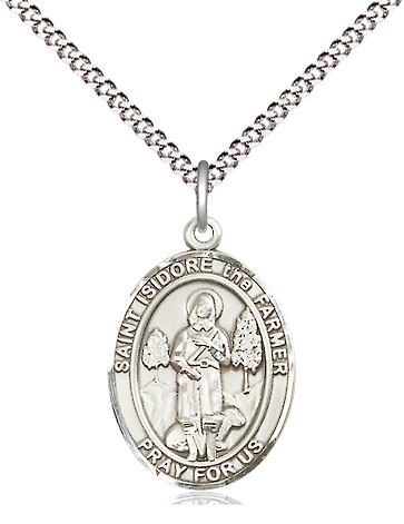 Sterling Silver Saint Isidore the Farmer Pendant on a 18 inch Light Rhodium Light Curb chain