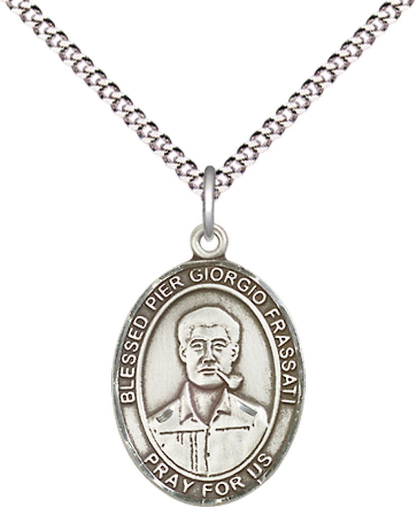 Sterling Silver Blessed Pier Giorgio Frassati Pendant on a 18 inch Light Rhodium Light Curb chain