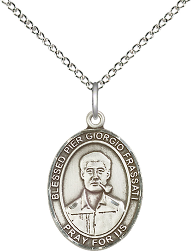 Sterling Silver Blessed Pier Giorgio Frassati Pendant on a 18 inch Sterling Silver Light Curb chain