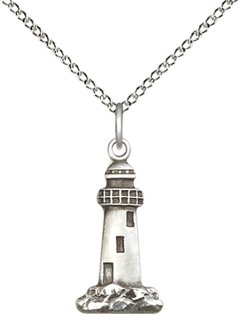 Sterling Silver Lighthouse Pendant on a 18 inch Sterling Silver Light Curb chain