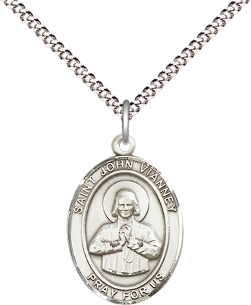 Sterling Silver Saint John Vianney Pendant on a 18 inch Light Rhodium Light Curb chain