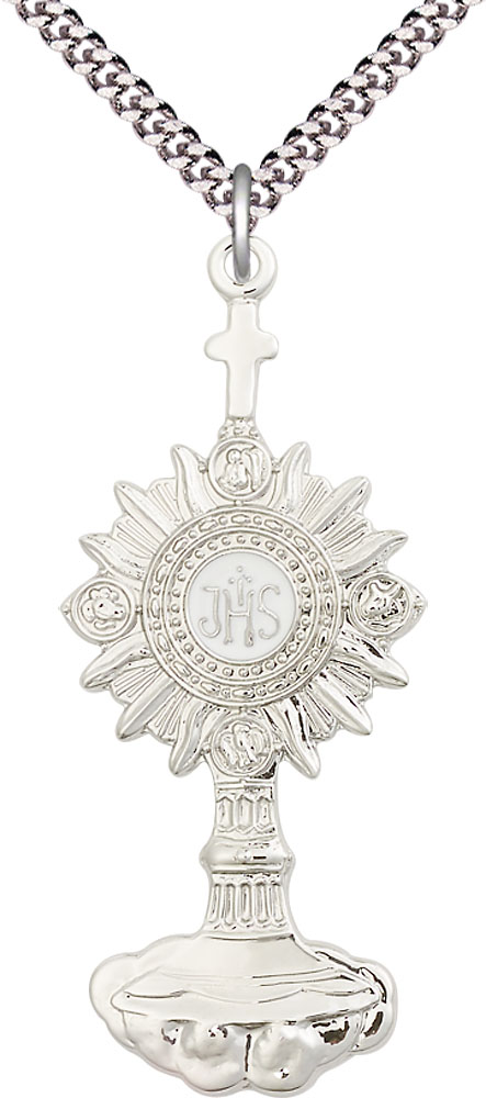 Sterling Silver Monstrance Pendant on a 24 inch Light Rhodium Heavy Curb chain