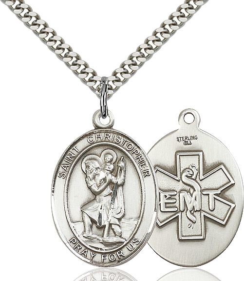 Sterling Silver Saint Christopher EMT Pendant on a 24 inch Light Rhodium Heavy Curb chain