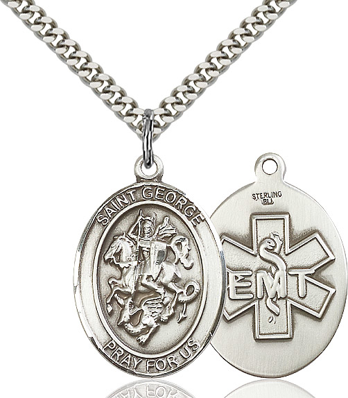 Sterling Silver Saint George EMT Pendant on a 24 inch Light Rhodium Heavy Curb chain