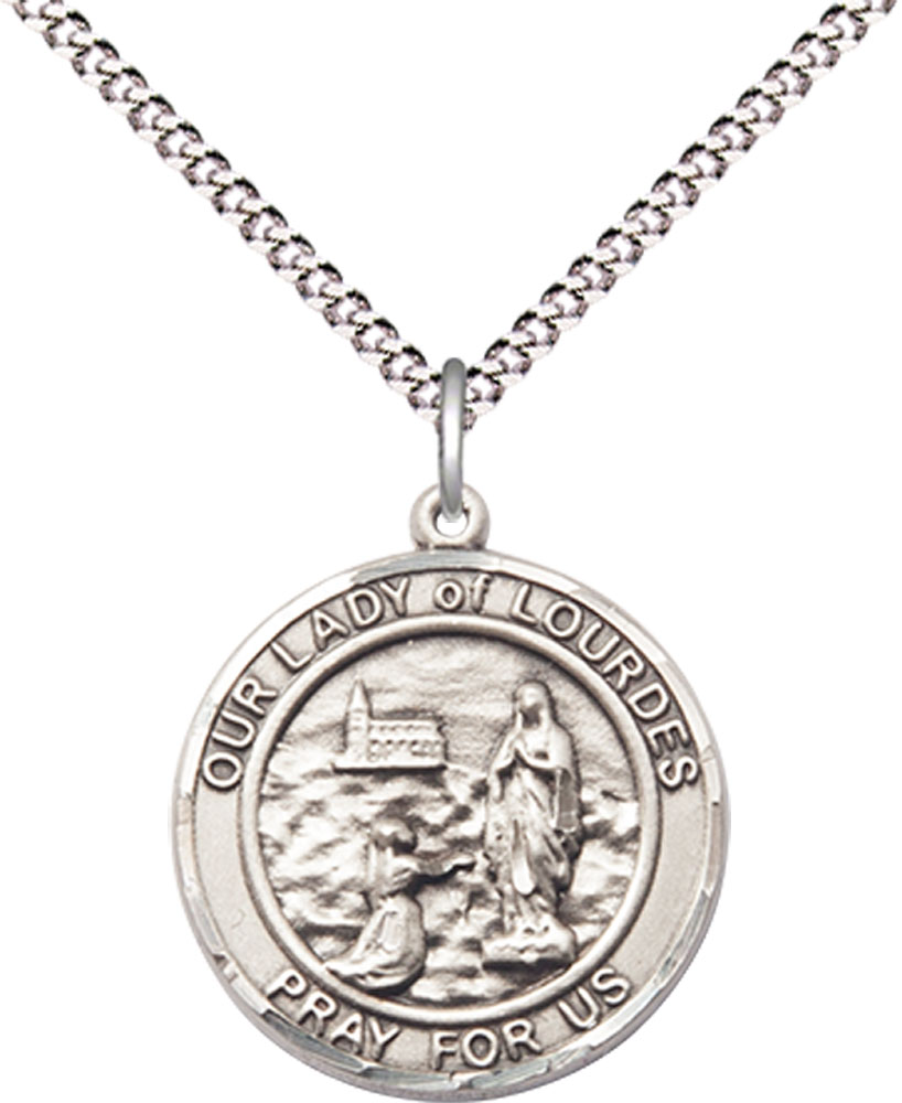 Sterling Silver Our Lady of Lourdes Pendant on a 18 inch Light Rhodium Light Curb chain