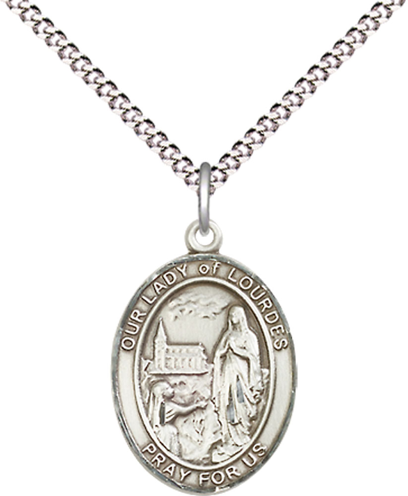 Sterling Silver Our Lady of Lourdes Pendant on a 18 inch Light Rhodium Light Curb chain