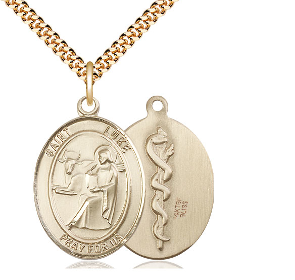 14kt Gold Filled Saint Luke the Apostle Doctor Pendant on a 24 inch Gold Plate Heavy Curb chain
