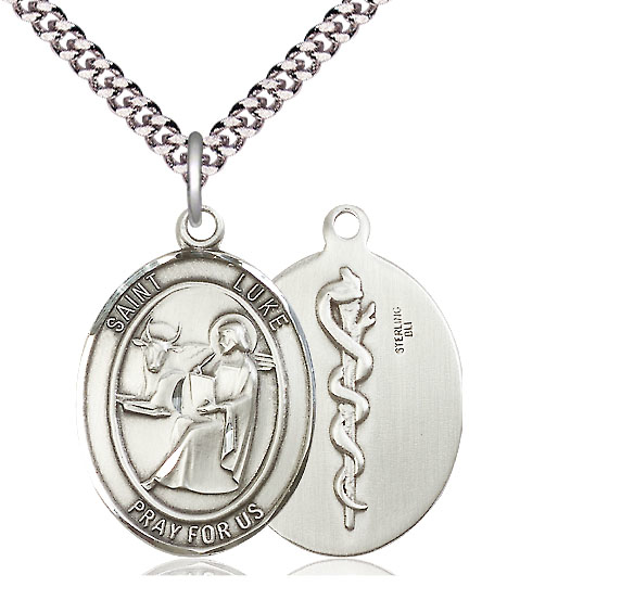Sterling Silver Saint Luke the Apostle Doctor Pendant on a 24 inch Light Rhodium Heavy Curb chain