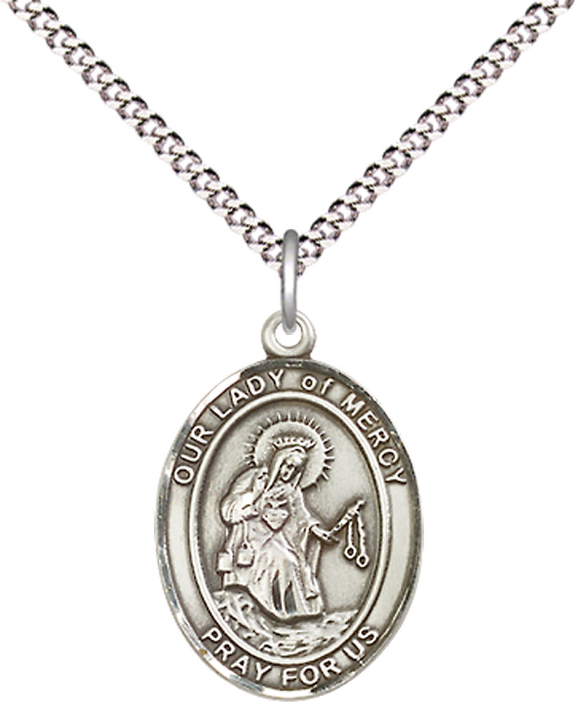 Sterling Silver Our Lady of Mercy Pendant on a 18 inch Light Rhodium Light Curb chain
