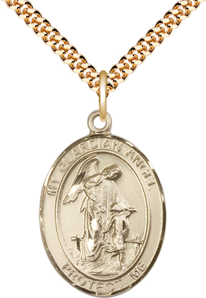 14kt Gold Filled Guardian Angel w/Child Pendant on a 24 inch Gold Plate Heavy Curb chain