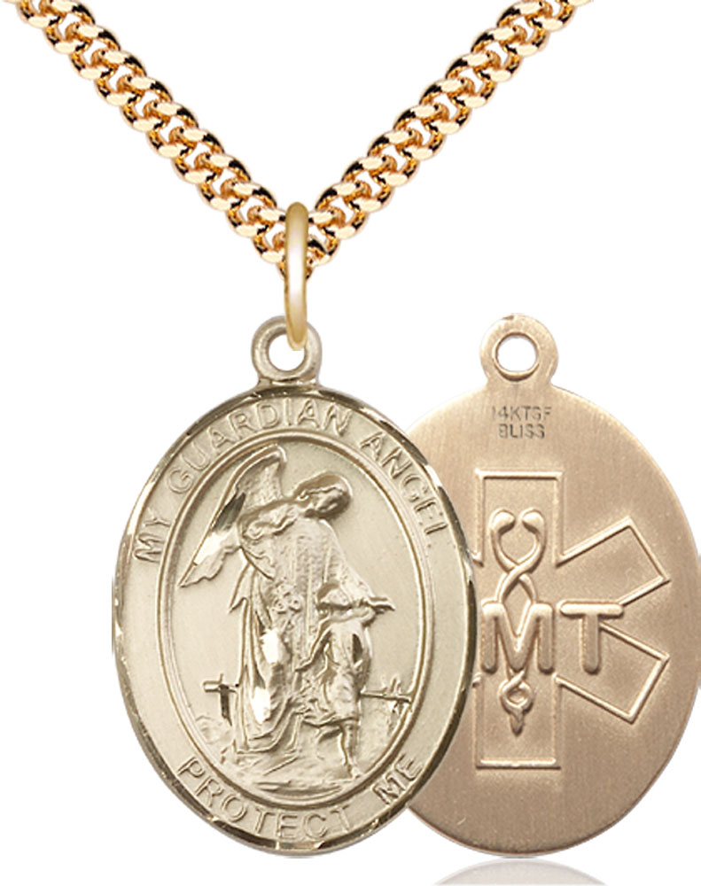 14kt Gold Filled Guardian Angel EMT Pendant on a 24 inch Gold Plate Heavy Curb chain