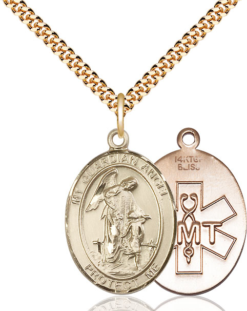 14kt Gold Filled Guardian Angel EMT Pendant on a 24 inch Gold Plate Heavy Curb chain