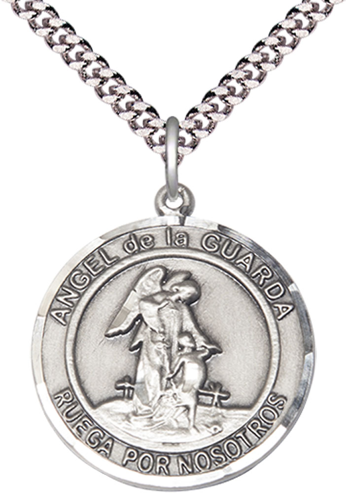 Sterling Silver Angel de la Guarda Pendant on a 24 inch Light Rhodium Heavy Curb chain