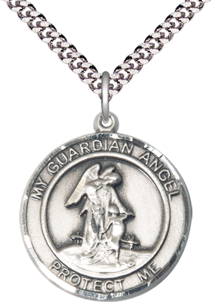 Sterling Silver Guardian Angel Pendant on a 24 inch Light Rhodium Heavy Curb chain