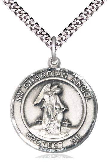 Sterling Silver Guardian Angel Pendant on a 24 inch Light Rhodium Heavy Curb chain