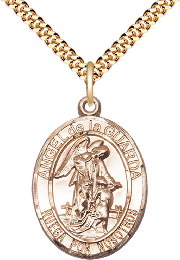 14kt Gold Filled Angel de la Guarda Pendant on a 24 inch Gold Plate Heavy Curb chain