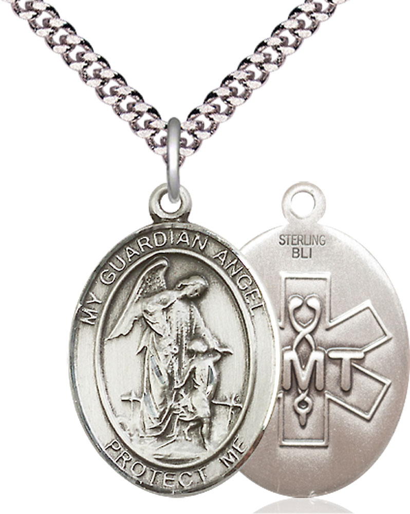 Sterling Silver Guardian Angel EMT Pendant on a 24 inch Light Rhodium Heavy Curb chain