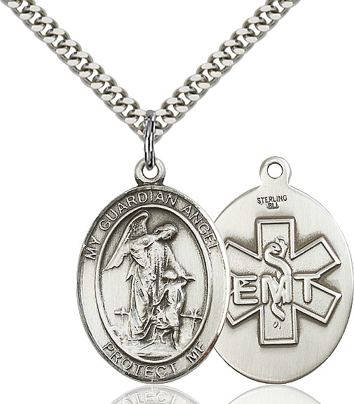Sterling Silver Guardian Angel EMT Pendant on a 24 inch Light Rhodium Heavy Curb chain