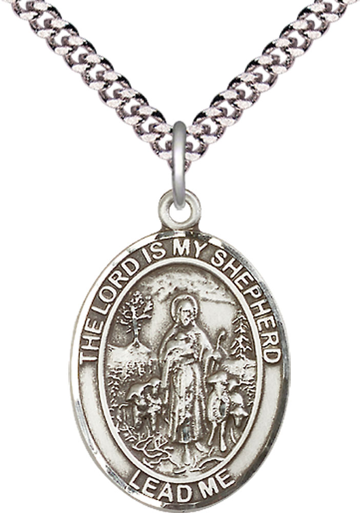 Sterling Silver Lord Is My Shepherd Pendant on a 24 inch Light Rhodium Heavy Curb chain