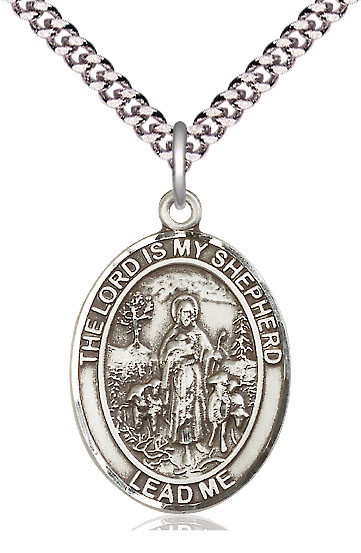 Sterling Silver Lord Is My Shepherd Pendant on a 24 inch Light Rhodium Heavy Curb chain