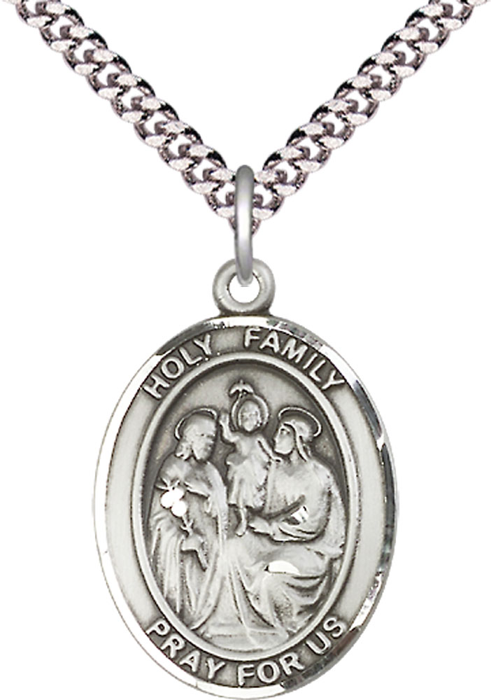 Sterling Silver Holy Family Pendant on a 24 inch Light Rhodium Heavy Curb chain