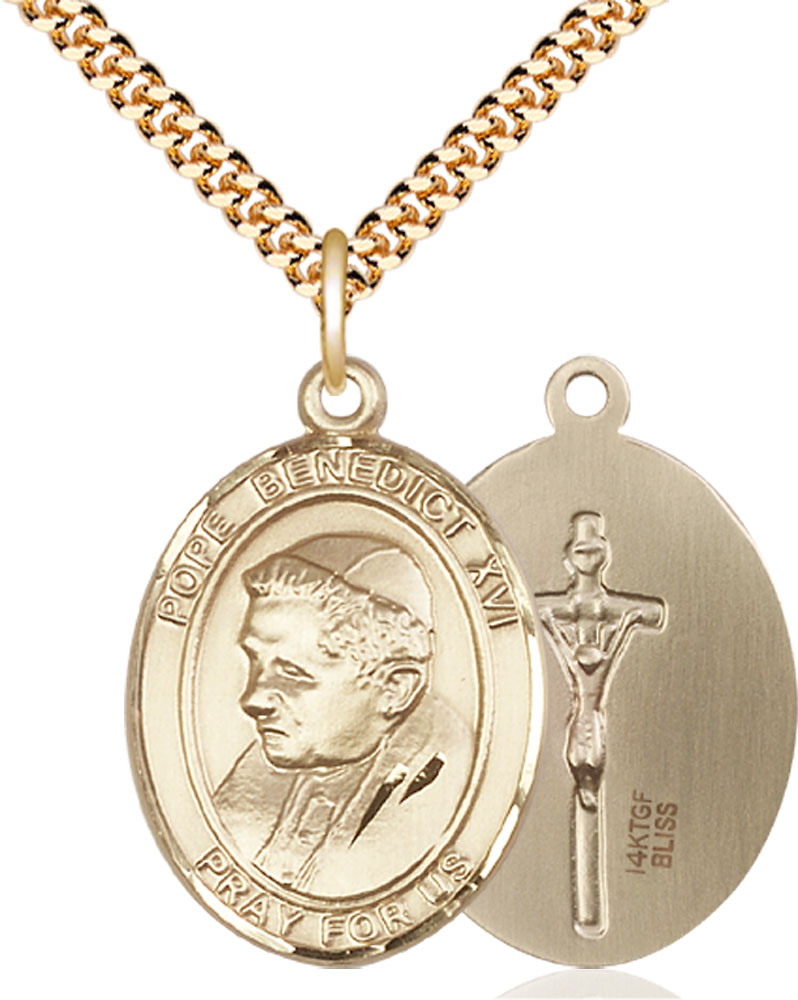 14kt Gold Filled Pope Benedict XVI Pendant on a 24 inch Gold Plate Heavy Curb chain