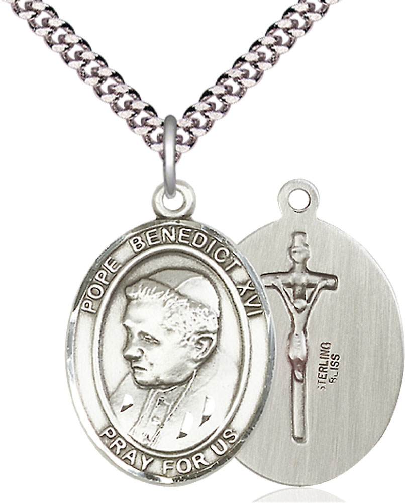 Sterling Silver Pope Benedict XVI Pendant on a 24 inch Light Rhodium Heavy Curb chain