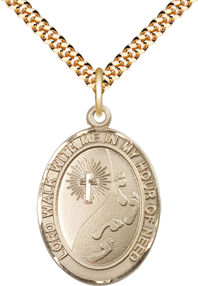 14kt Gold Filled Footprints Cross Pendant on a 24 inch Gold Plate Heavy Curb chain